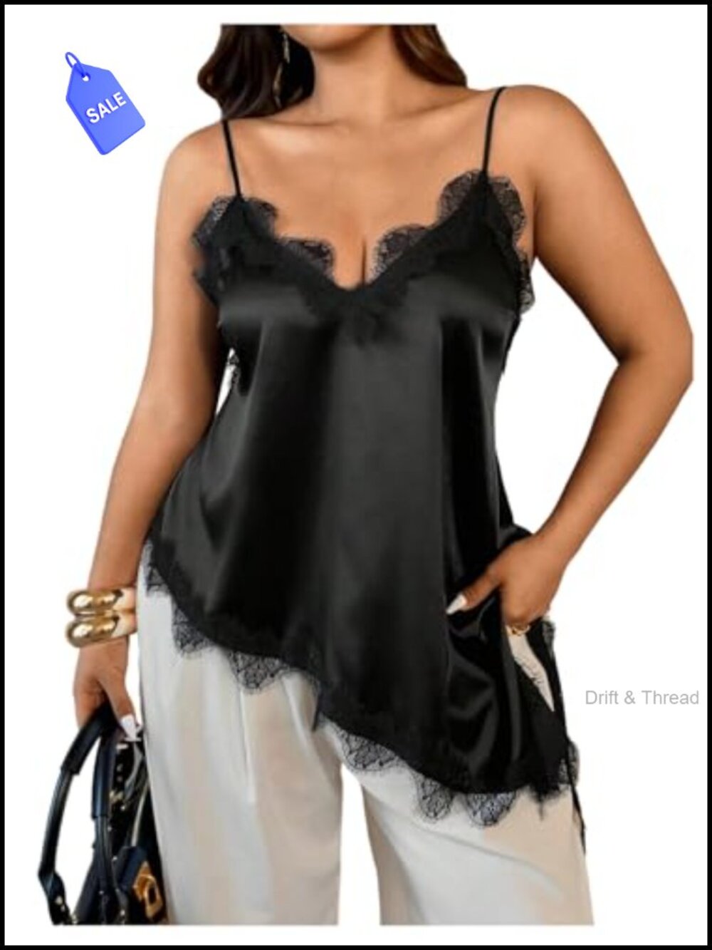 Plus Size Satin Camisole Lace Trim V-Neck Sleeveless Asymmetrical Silky Top